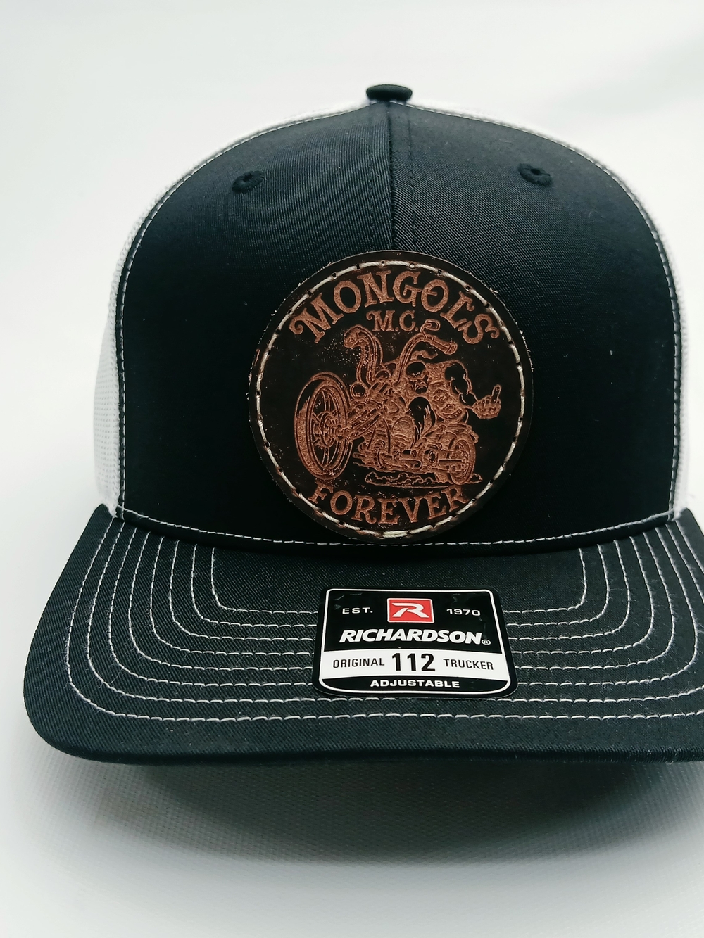 Richardson Black & White Trucker Cap with Mongols Patch